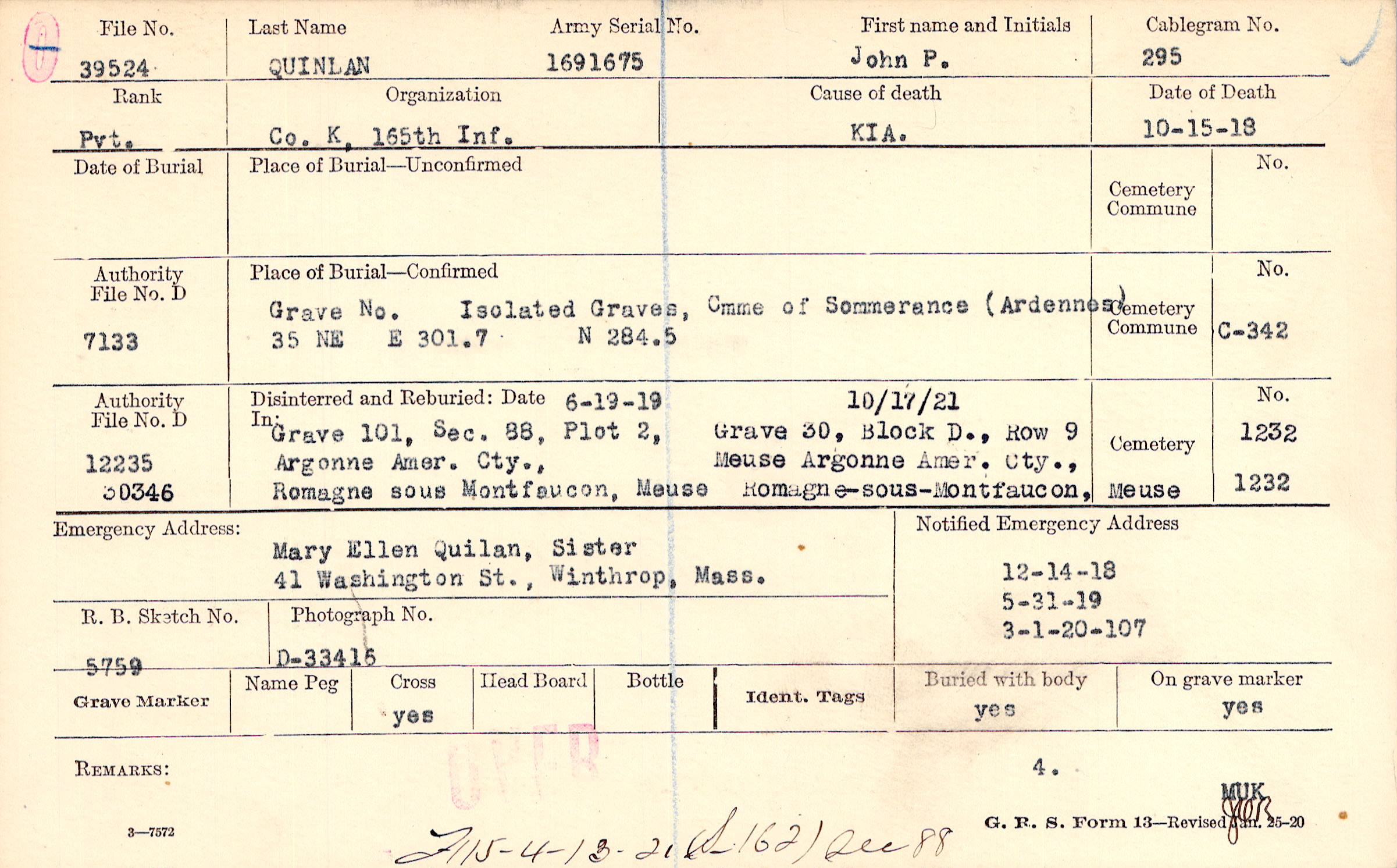 John P Quinlan Burial Index