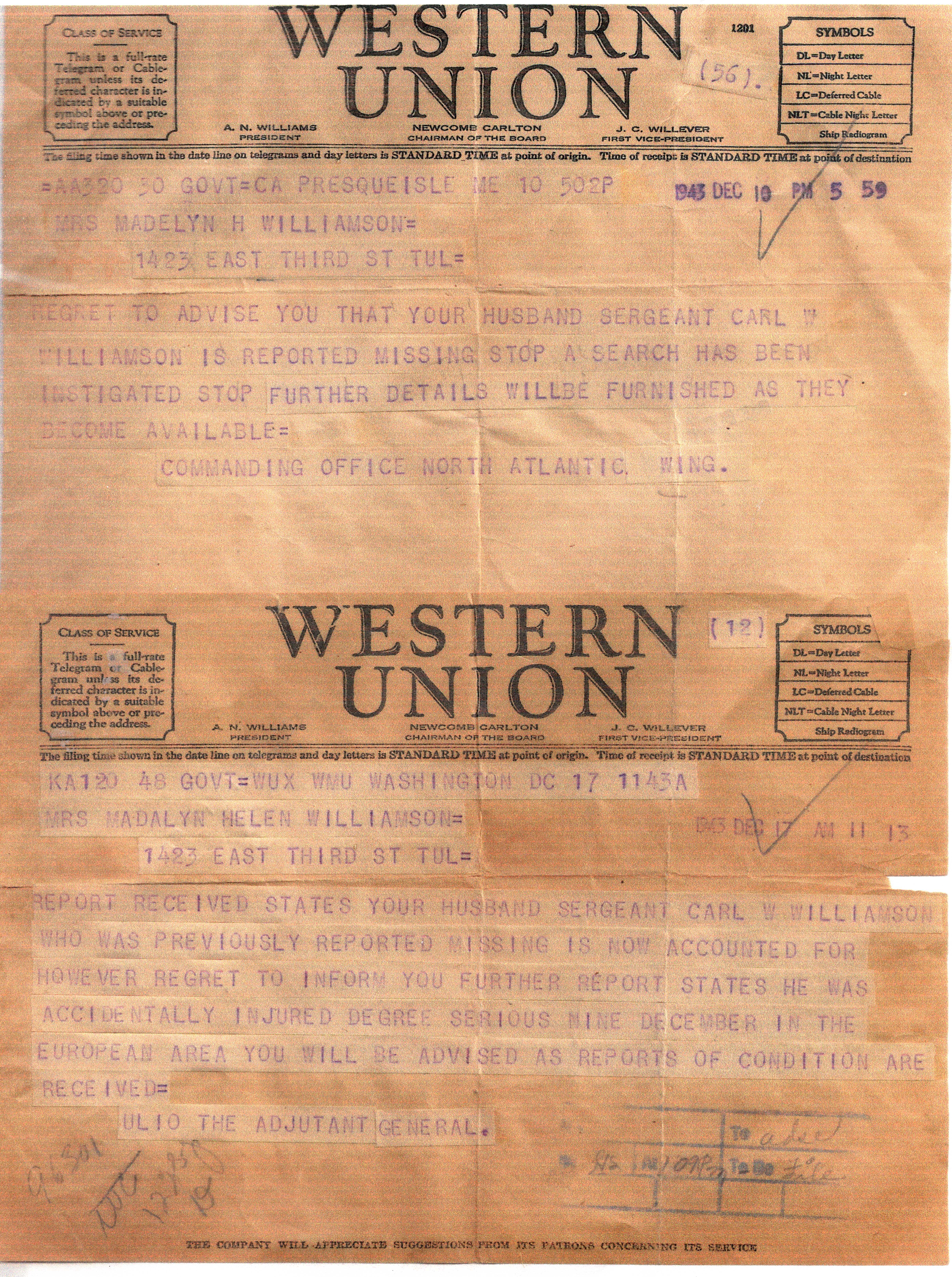 Carl
          Williamson telegram