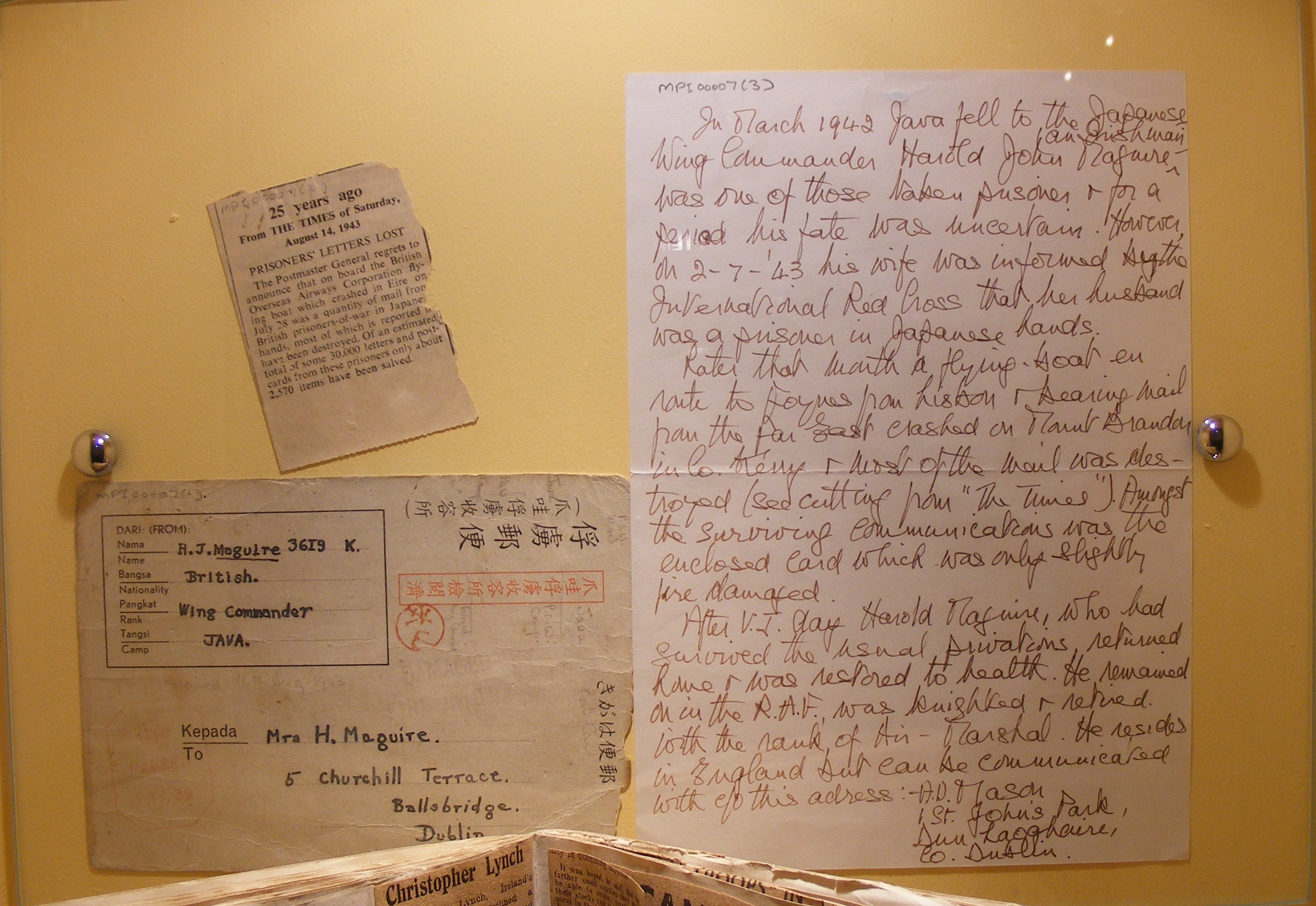 A prisoner of war letter, recovered from the
              crash site. G-AGES carried thousands of letters and
              cards.